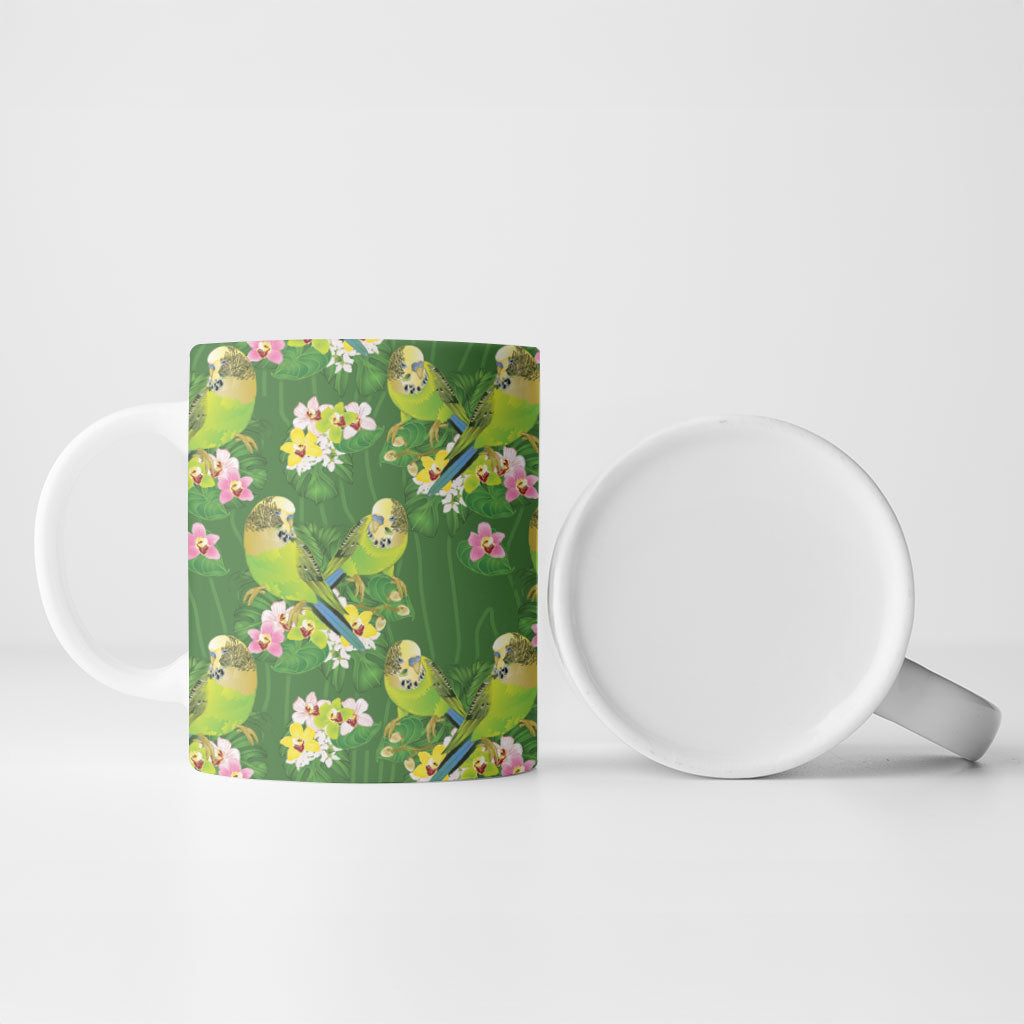 Australia Budgerigars Parakeets Ceramic Mug Green And Yellow Bird Seamless Orchids Flowers