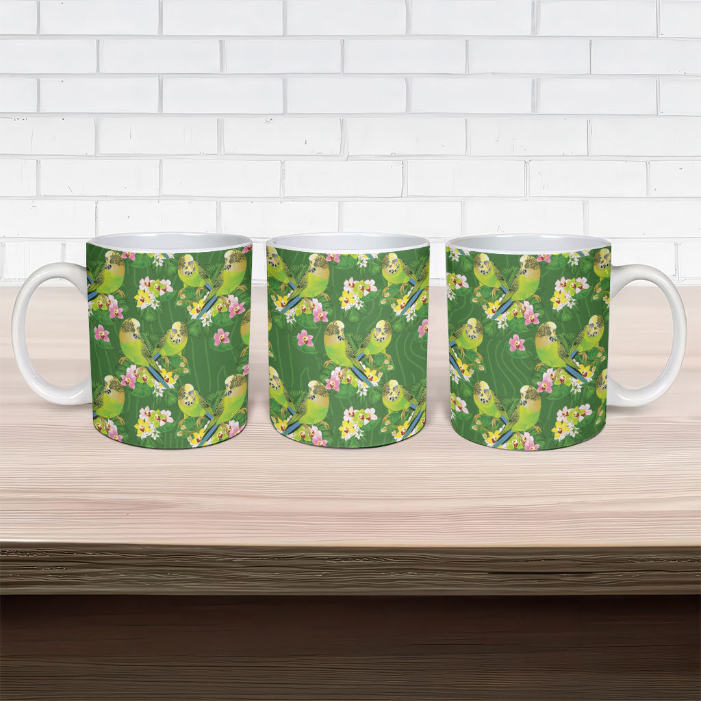 Australia Budgerigars Parakeets Ceramic Mug Green And Yellow Bird Seamless Orchids Flowers