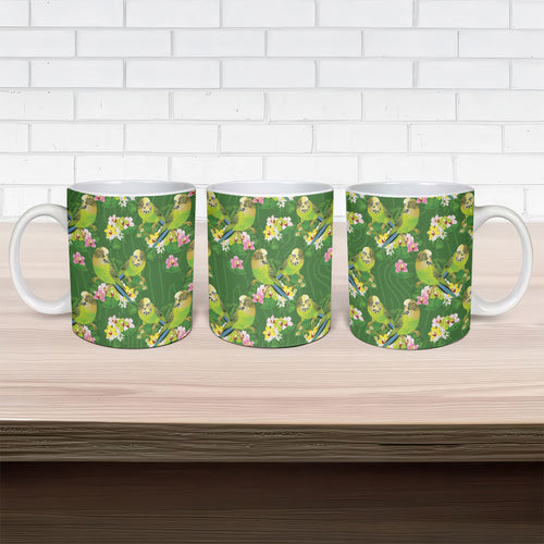 Australia Budgerigars Parakeets Ceramic Mug Green And Yellow Bird Seamless Orchids Flowers