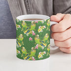 Australia Budgerigars Parakeets Ceramic Mug Green And Yellow Bird Seamless Orchids Flowers