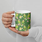 Australia Budgerigars Parakeets Ceramic Mug Green And Yellow Bird Seamless Orchids Flowers