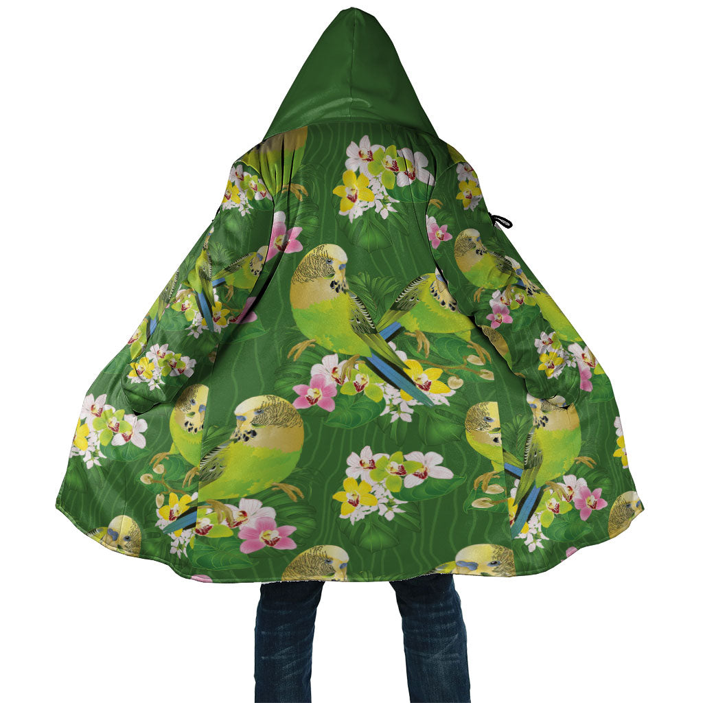 Australia Budgerigars Parakeets Cloak Green And Yellow Bird Seamless Orchids Flowers