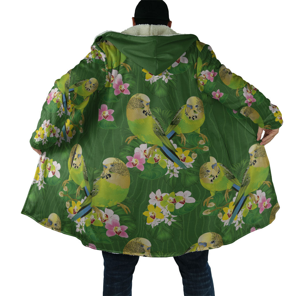 Australia Budgerigars Parakeets Cloak Green And Yellow Bird Seamless Orchids Flowers