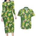 Australia Budgerigars Parakeets Couples Matching Long Sleeve Bodycon Dress and Hawaiian Shirt Green And Yellow Bird Seamless Orchids Flowers