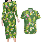 Australia Budgerigars Parakeets Couples Matching Long Sleeve Bodycon Dress and Hawaiian Shirt Green And Yellow Bird Seamless Orchids Flowers