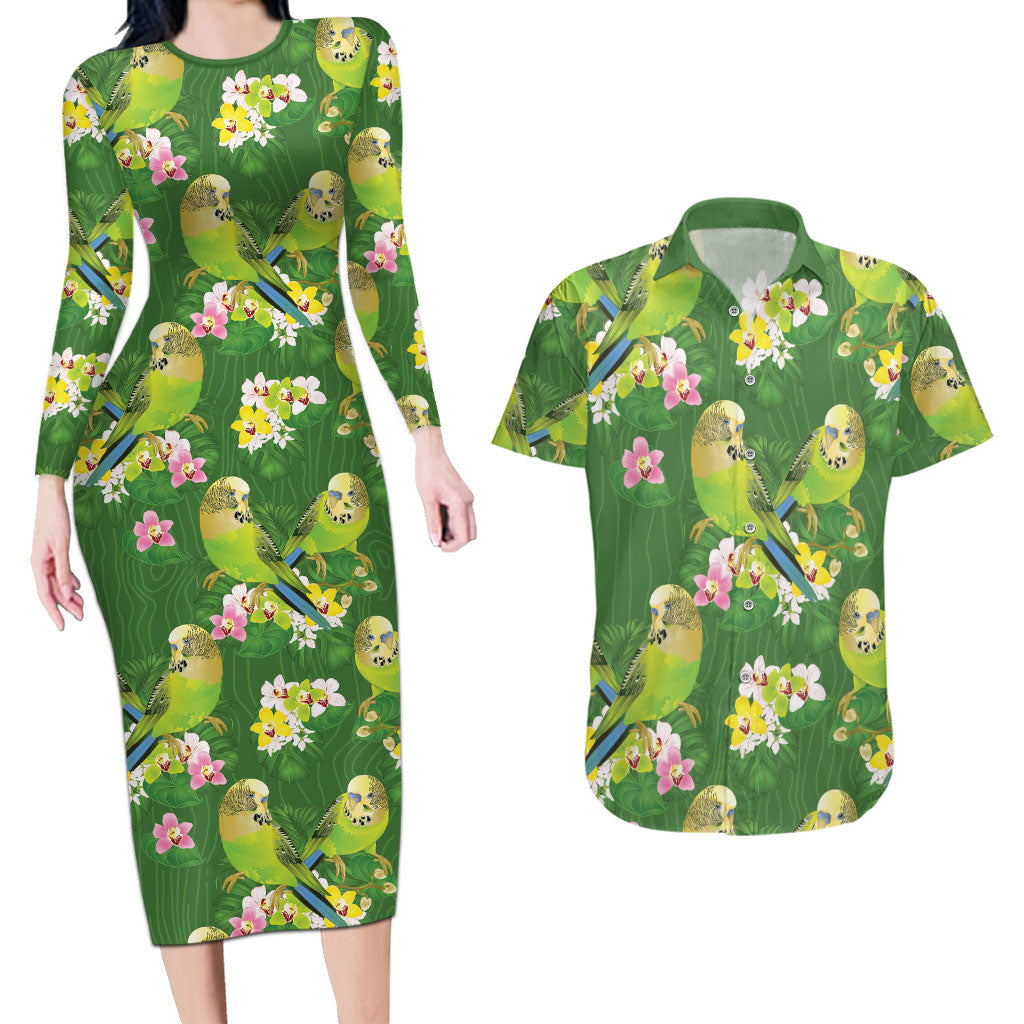 Australia Budgerigars Parakeets Couples Matching Long Sleeve Bodycon Dress and Hawaiian Shirt Green And Yellow Bird Seamless Orchids Flowers