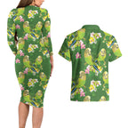 Australia Budgerigars Parakeets Couples Matching Long Sleeve Bodycon Dress and Hawaiian Shirt Green And Yellow Bird Seamless Orchids Flowers
