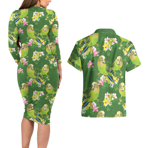 Australia Budgerigars Parakeets Couples Matching Long Sleeve Bodycon Dress and Hawaiian Shirt Green And Yellow Bird Seamless Orchids Flowers