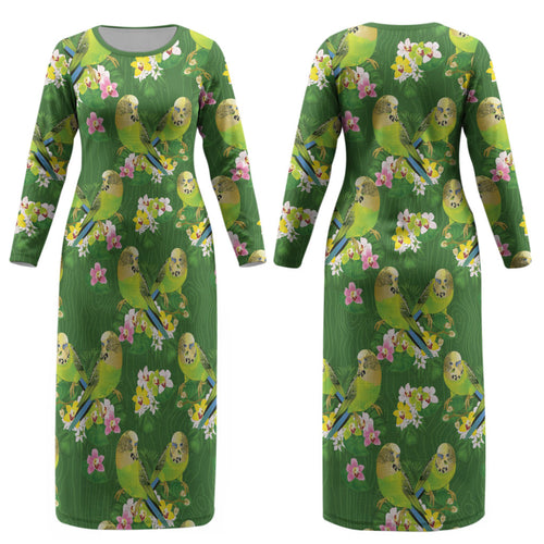 Australia Budgerigars Parakeets Couples Matching Long Sleeve Bodycon Dress and Hawaiian Shirt Green And Yellow Bird Seamless Orchids Flowers LT9