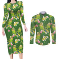 Australia Budgerigars Parakeets Couples Matching Long Sleeve Bodycon Dress and Long Sleeve Button Shirt Green And Yellow Bird Seamless Orchids Flowers