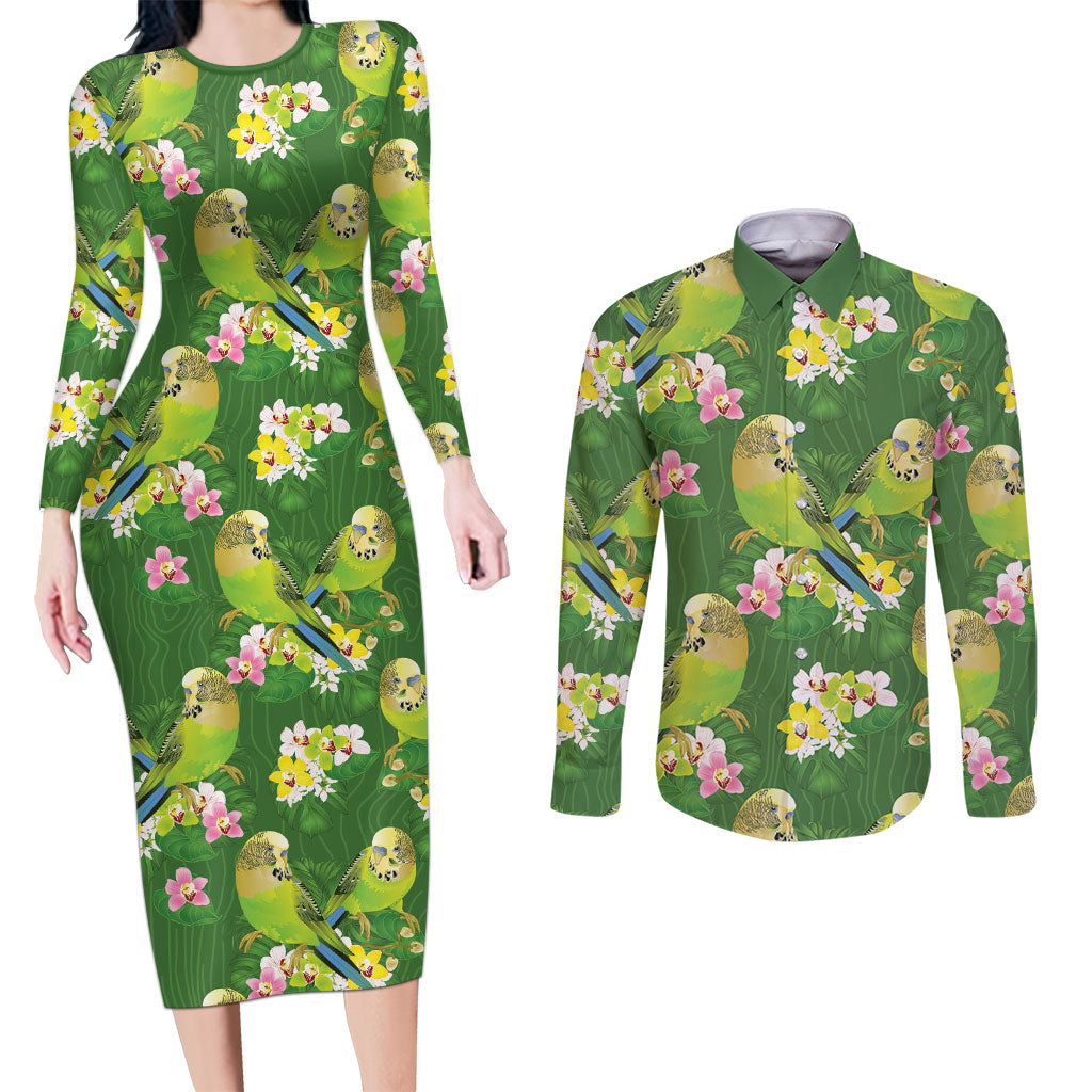 Australia Budgerigars Parakeets Couples Matching Long Sleeve Bodycon Dress and Long Sleeve Button Shirt Green And Yellow Bird Seamless Orchids Flowers