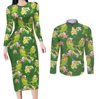 Australia Budgerigars Parakeets Couples Matching Long Sleeve Bodycon Dress and Long Sleeve Button Shirt Green And Yellow Bird Seamless Orchids Flowers