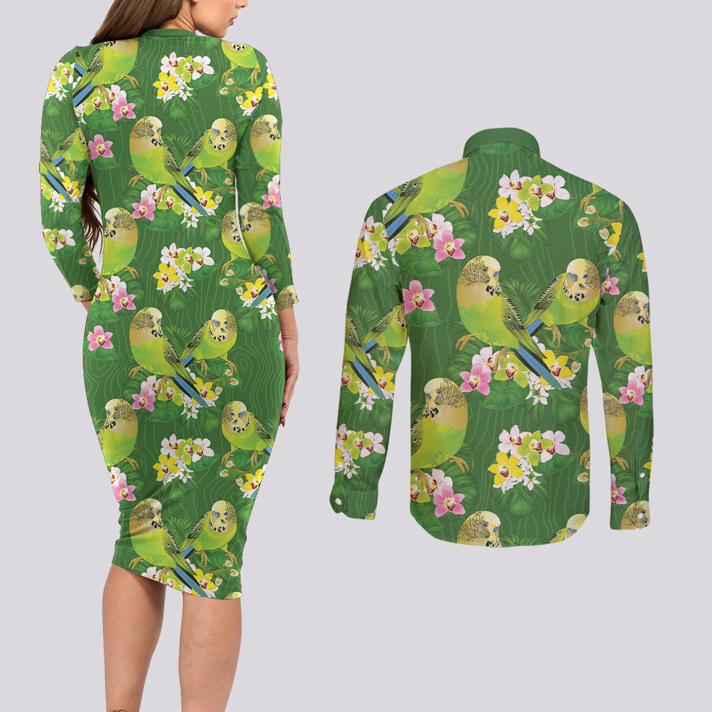 Australia Budgerigars Parakeets Couples Matching Long Sleeve Bodycon Dress and Long Sleeve Button Shirt Green And Yellow Bird Seamless Orchids Flowers