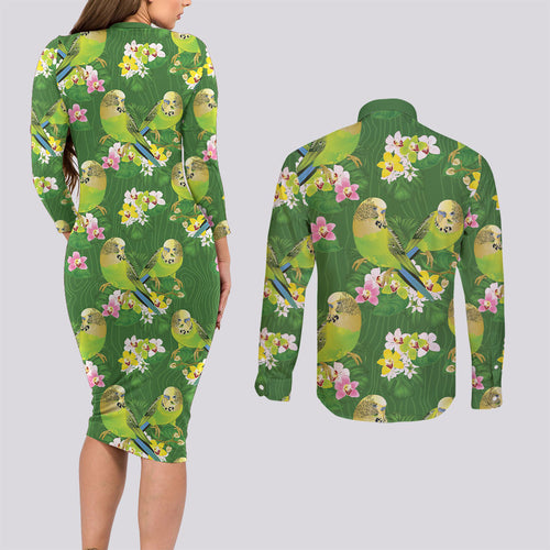 Australia Budgerigars Parakeets Couples Matching Long Sleeve Bodycon Dress and Long Sleeve Button Shirt Green And Yellow Bird Seamless Orchids Flowers