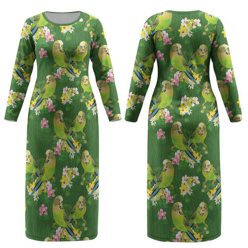 Australia Budgerigars Parakeets Couples Matching Long Sleeve Bodycon Dress and Long Sleeve Button Shirt Green And Yellow Bird Seamless Orchids Flowers LT9