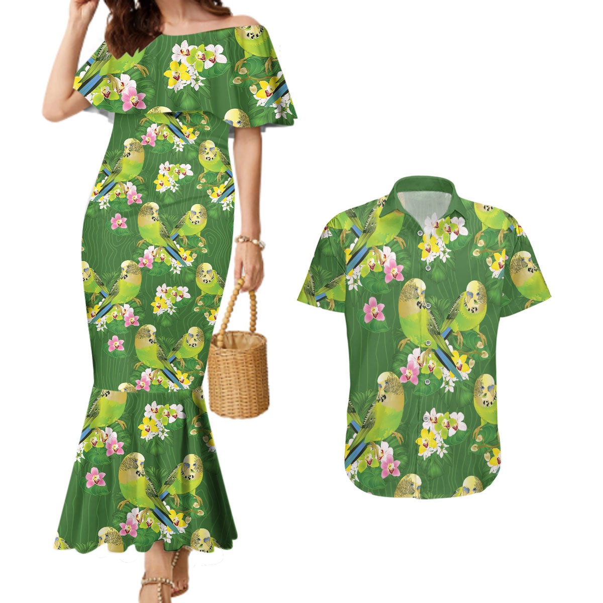 Australia Budgerigars Parakeets Couples Matching Mermaid Dress and Hawaiian Shirt Green And Yellow Bird Seamless Orchids Flowers