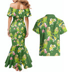 Australia Budgerigars Parakeets Couples Matching Mermaid Dress and Hawaiian Shirt Green And Yellow Bird Seamless Orchids Flowers