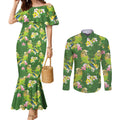 Australia Budgerigars Parakeets Couples Matching Mermaid Dress and Long Sleeve Button Shirt Green And Yellow Bird Seamless Orchids Flowers