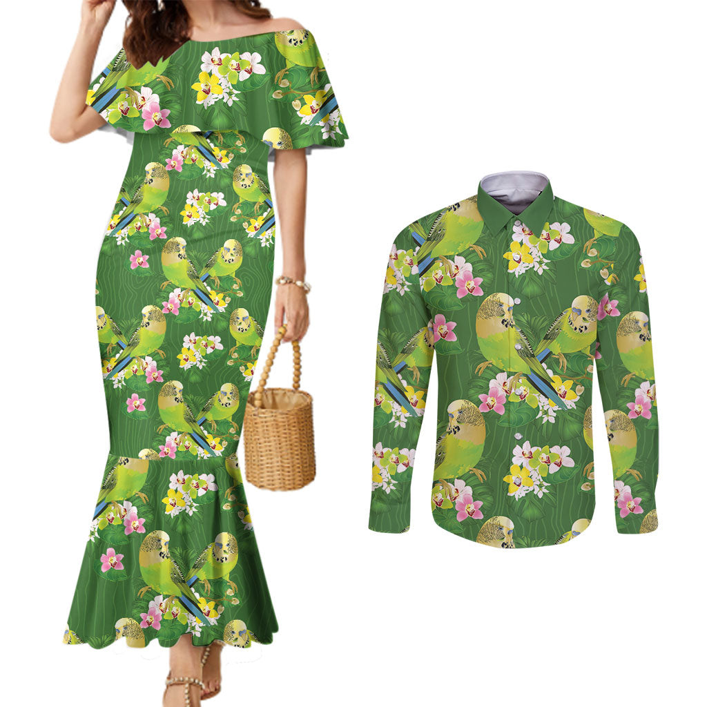 Australia Budgerigars Parakeets Couples Matching Mermaid Dress and Long Sleeve Button Shirt Green And Yellow Bird Seamless Orchids Flowers