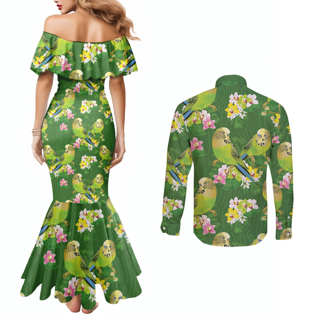 Australia Budgerigars Parakeets Couples Matching Mermaid Dress and Long Sleeve Button Shirt Green And Yellow Bird Seamless Orchids Flowers