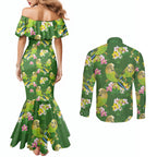 Australia Budgerigars Parakeets Couples Matching Mermaid Dress and Long Sleeve Button Shirt Green And Yellow Bird Seamless Orchids Flowers