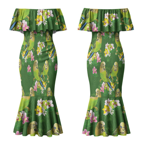 Australia Budgerigars Parakeets Couples Matching Mermaid Dress and Long Sleeve Button Shirt Green And Yellow Bird Seamless Orchids Flowers LT9