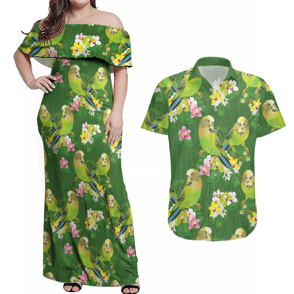 Australia Budgerigars Parakeets Couples Matching Off Shoulder Maxi Dress and Hawaiian Shirt Green And Yellow Bird Seamless Orchids Flowers