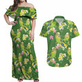 Australia Budgerigars Parakeets Couples Matching Off Shoulder Maxi Dress and Hawaiian Shirt Green And Yellow Bird Seamless Orchids Flowers