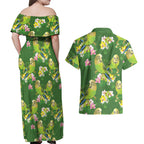 Australia Budgerigars Parakeets Couples Matching Off Shoulder Maxi Dress and Hawaiian Shirt Green And Yellow Bird Seamless Orchids Flowers