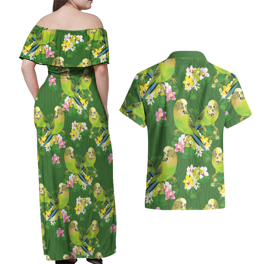 Australia Budgerigars Parakeets Couples Matching Off Shoulder Maxi Dress and Hawaiian Shirt Green And Yellow Bird Seamless Orchids Flowers