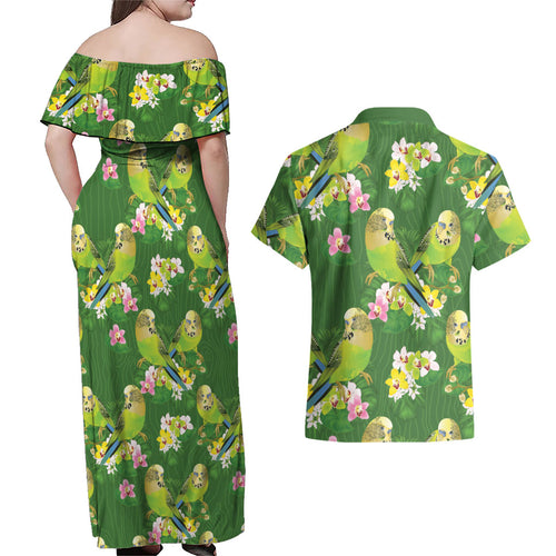Australia Budgerigars Parakeets Couples Matching Off Shoulder Maxi Dress and Hawaiian Shirt Green And Yellow Bird Seamless Orchids Flowers