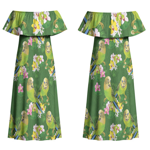 Australia Budgerigars Parakeets Couples Matching Off Shoulder Maxi Dress and Hawaiian Shirt Green And Yellow Bird Seamless Orchids Flowers LT9