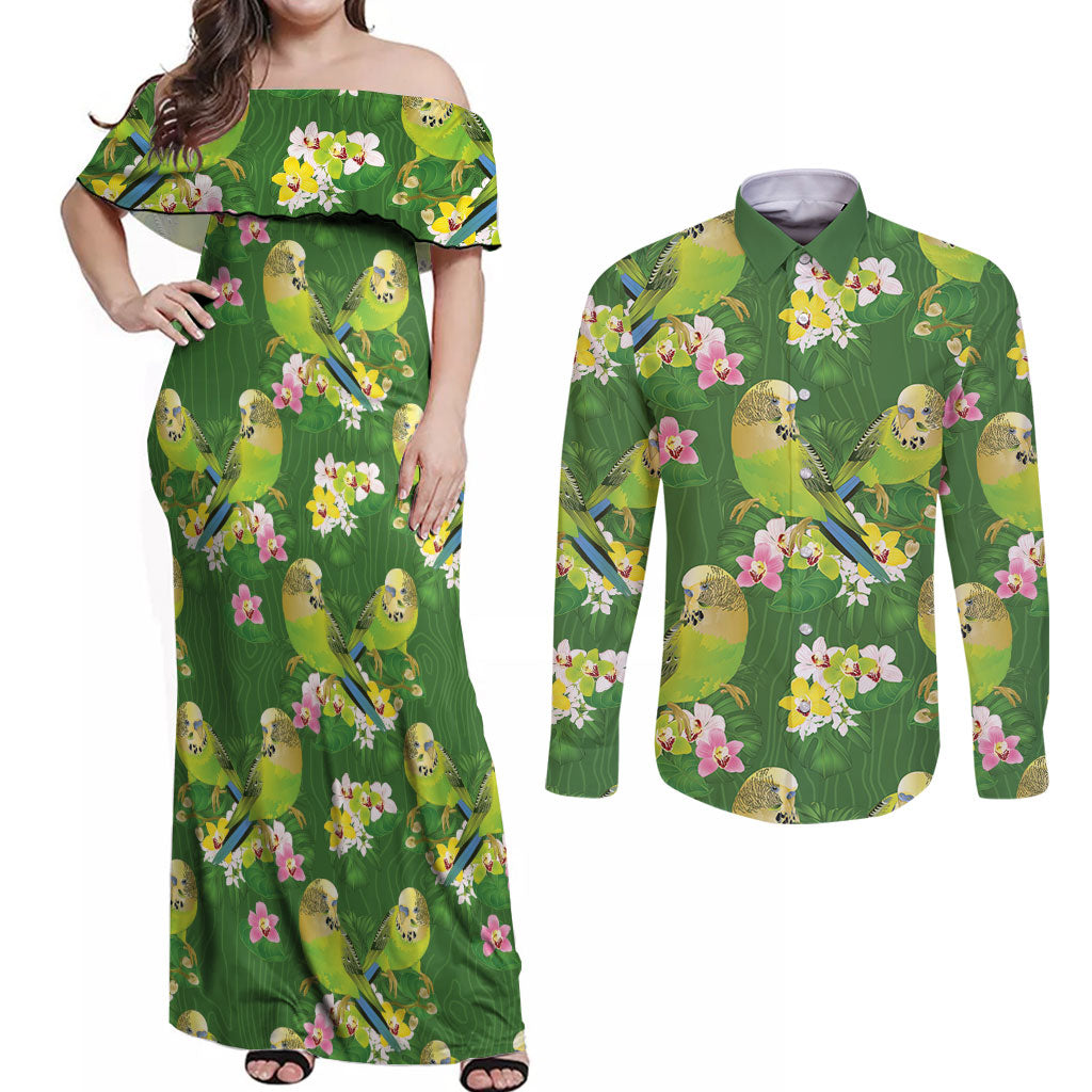 Australia Budgerigars Parakeets Couples Matching Off Shoulder Maxi Dress and Long Sleeve Button Shirt Green And Yellow Bird Seamless Orchids Flowers