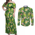 Australia Budgerigars Parakeets Couples Matching Off Shoulder Maxi Dress and Long Sleeve Button Shirt Green And Yellow Bird Seamless Orchids Flowers