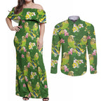Australia Budgerigars Parakeets Couples Matching Off Shoulder Maxi Dress and Long Sleeve Button Shirt Green And Yellow Bird Seamless Orchids Flowers