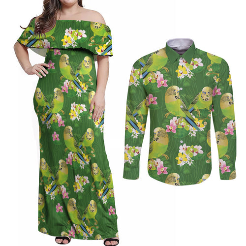 Australia Budgerigars Parakeets Couples Matching Off Shoulder Maxi Dress and Long Sleeve Button Shirt Green And Yellow Bird Seamless Orchids Flowers