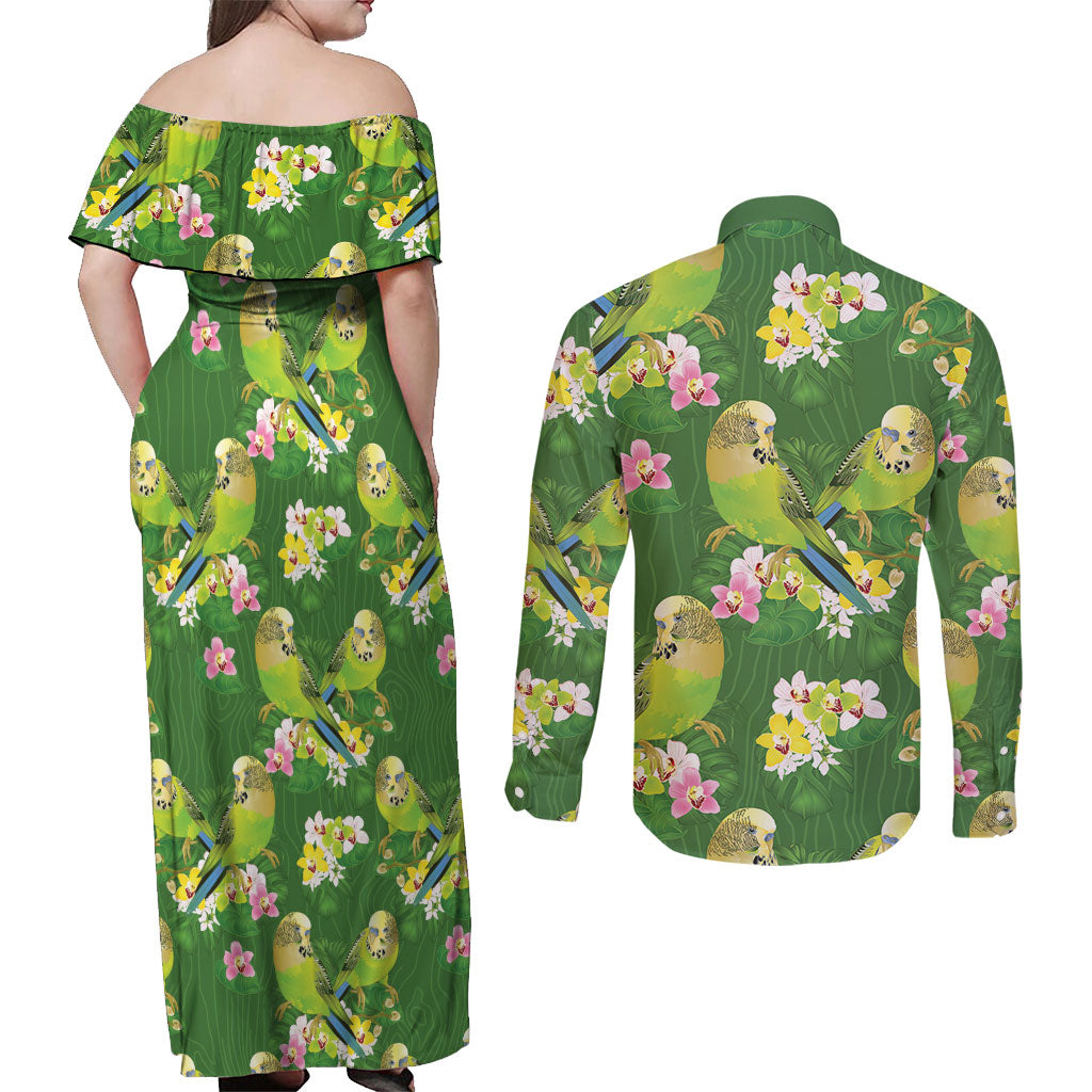 Australia Budgerigars Parakeets Couples Matching Off Shoulder Maxi Dress and Long Sleeve Button Shirt Green And Yellow Bird Seamless Orchids Flowers