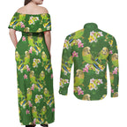 Australia Budgerigars Parakeets Couples Matching Off Shoulder Maxi Dress and Long Sleeve Button Shirt Green And Yellow Bird Seamless Orchids Flowers