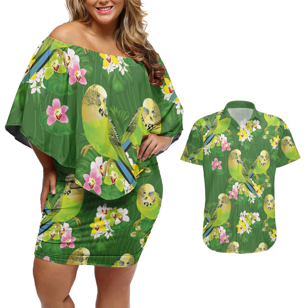 Australia Budgerigars Parakeets Couples Matching Off Shoulder Short Dress and Hawaiian Shirt Green And Yellow Bird Seamless Orchids Flowers