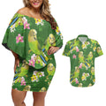 Australia Budgerigars Parakeets Couples Matching Off Shoulder Short Dress and Hawaiian Shirt Green And Yellow Bird Seamless Orchids Flowers