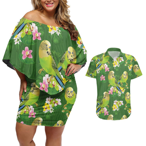 Australia Budgerigars Parakeets Couples Matching Off Shoulder Short Dress and Hawaiian Shirt Green And Yellow Bird Seamless Orchids Flowers