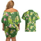 Australia Budgerigars Parakeets Couples Matching Off Shoulder Short Dress and Hawaiian Shirt Green And Yellow Bird Seamless Orchids Flowers