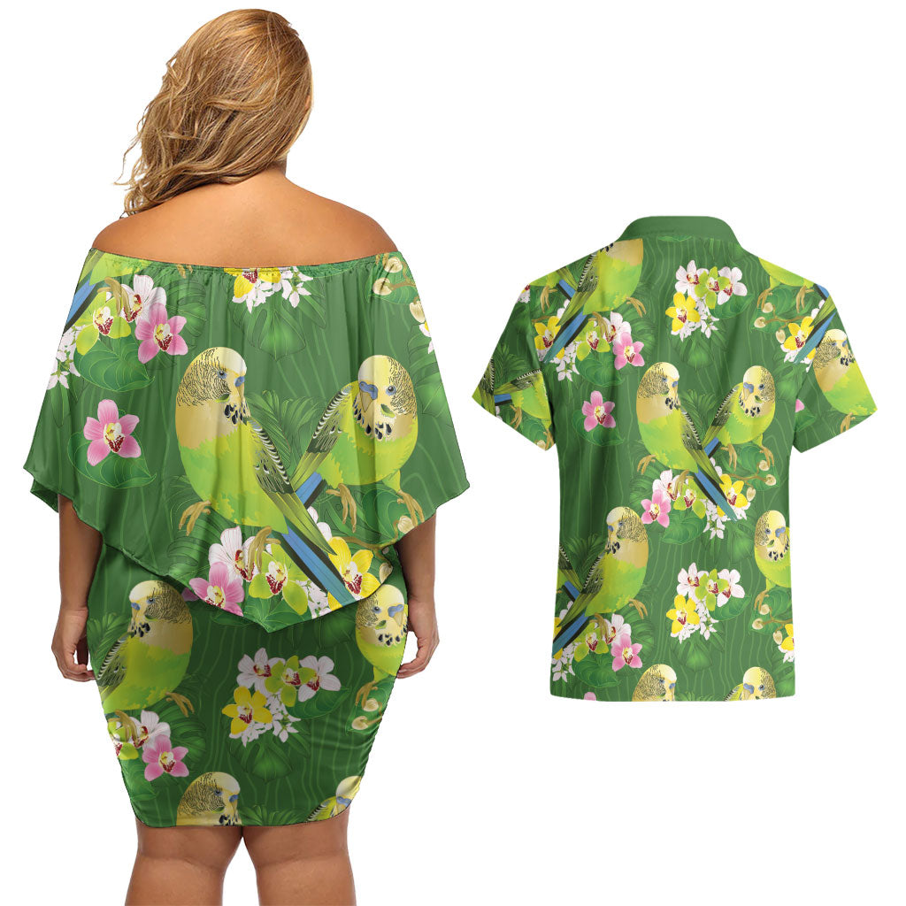 Australia Budgerigars Parakeets Couples Matching Off Shoulder Short Dress and Hawaiian Shirt Green And Yellow Bird Seamless Orchids Flowers