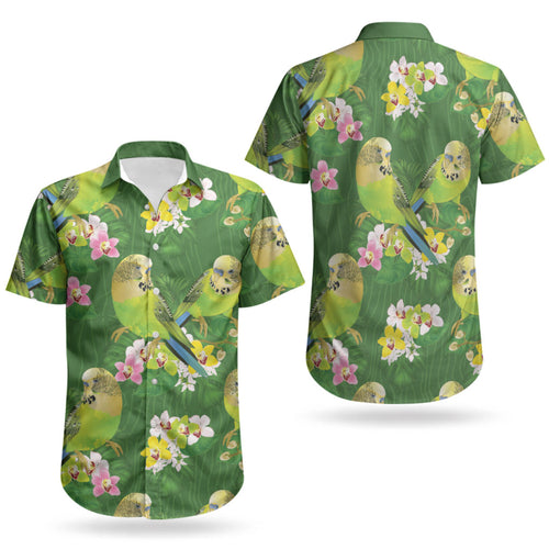 Australia Budgerigars Parakeets Couples Matching Off Shoulder Short Dress and Hawaiian Shirt Green And Yellow Bird Seamless Orchids Flowers LT9