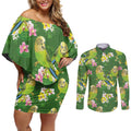 Australia Budgerigars Parakeets Couples Matching Off Shoulder Short Dress and Long Sleeve Button Shirt Green And Yellow Bird Seamless Orchids Flowers