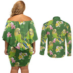 Australia Budgerigars Parakeets Couples Matching Off Shoulder Short Dress and Long Sleeve Button Shirt Green And Yellow Bird Seamless Orchids Flowers