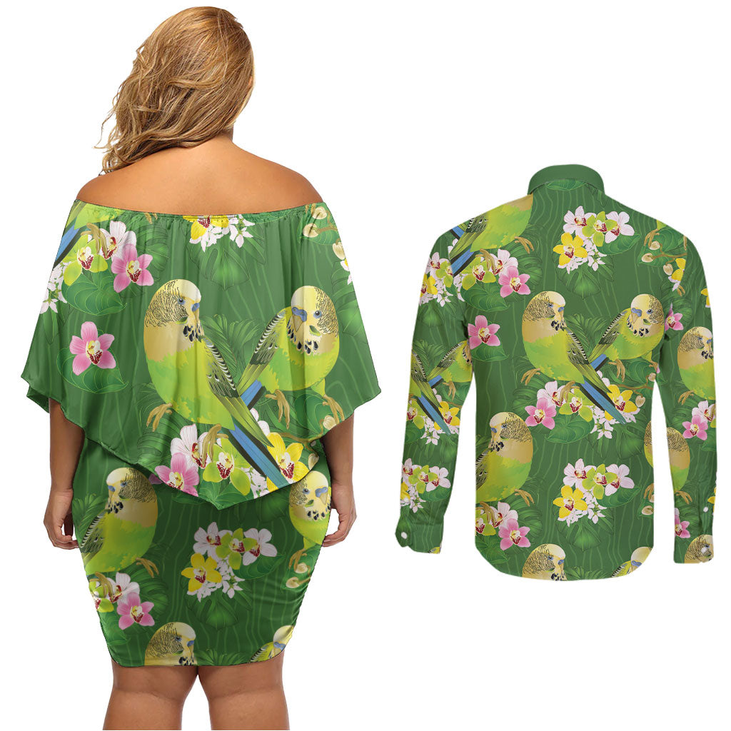 Australia Budgerigars Parakeets Couples Matching Off Shoulder Short Dress and Long Sleeve Button Shirt Green And Yellow Bird Seamless Orchids Flowers