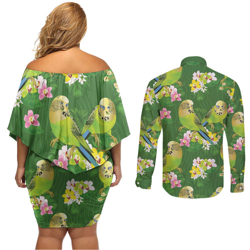 Australia Budgerigars Parakeets Couples Matching Off Shoulder Short Dress and Long Sleeve Button Shirt Green And Yellow Bird Seamless Orchids Flowers