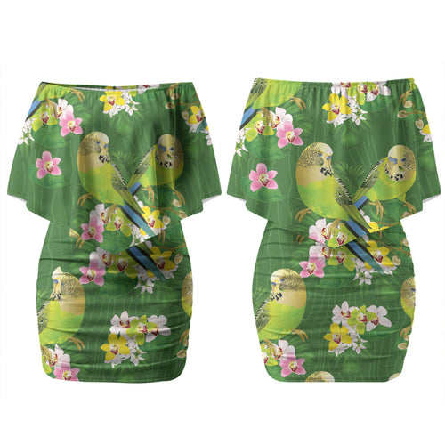 Australia Budgerigars Parakeets Couples Matching Off Shoulder Short Dress and Long Sleeve Button Shirt Green And Yellow Bird Seamless Orchids Flowers LT9