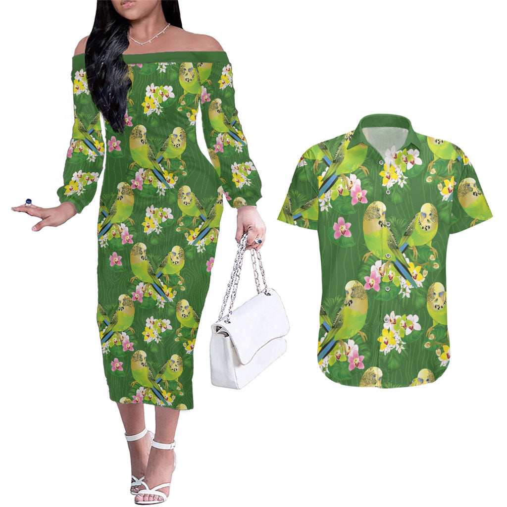 Australia Budgerigars Parakeets Couples Matching Off The Shoulder Long Sleeve Dress and Hawaiian Shirt Green And Yellow Bird Seamless Orchids Flowers